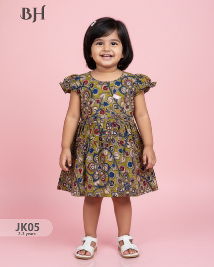 Sampangi Green Cotton Printed Baby Frocks – Latest Kids Wear Collection | Bhavana Handlooms
