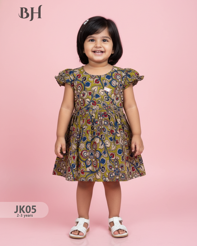 Sampangi Green Cotton Printed Baby Frocks – Latest Kids Wear Collection | Bhavana Handlooms