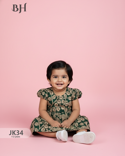 Green Cotton Printed Baby Frocks – Latest Kids Wear Collection | Bhavana Handlooms