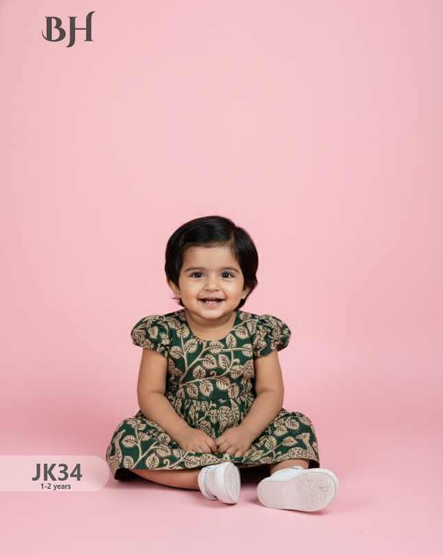 Green Cotton Printed Baby Frocks – Latest Kids Wear Collection | Bhavana Handlooms