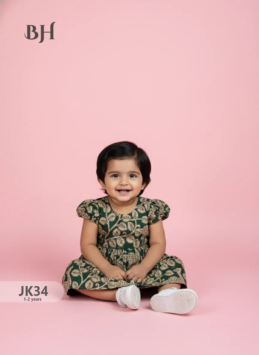 Green Cotton Printed Baby Frocks – Latest Kids Wear Collection | Bhavana Handlooms
