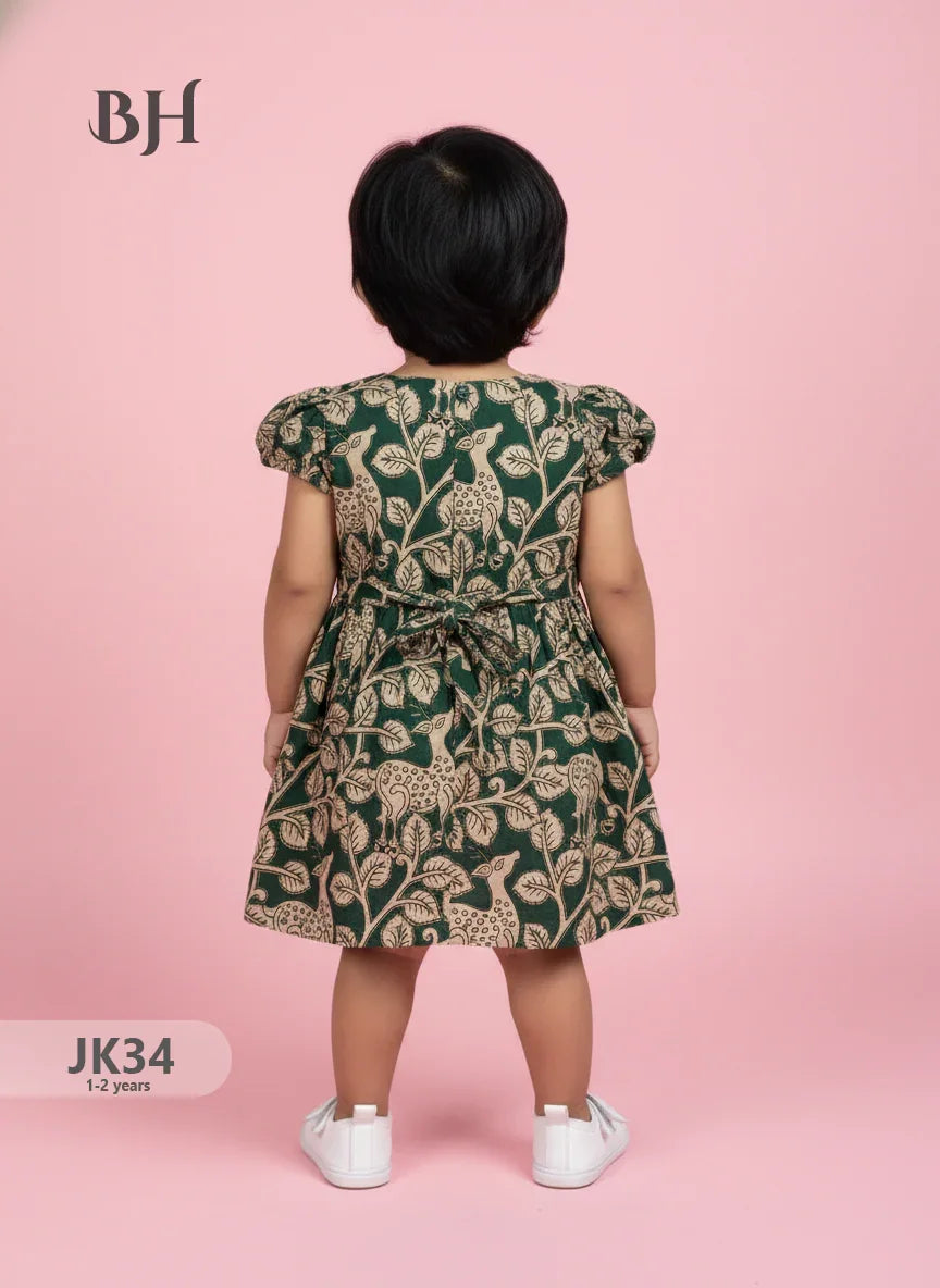 Green Cotton Printed Baby Frocks – Latest Kids Wear Collection | Bhavana Handlooms