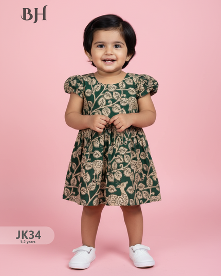 Green Cotton Printed Baby Frocks – Latest Kids Wear Collection | Bhavana Handlooms
