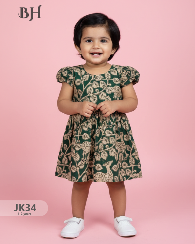 Green Cotton Printed Baby Frocks – Latest Kids Wear Collection | Bhavana Handlooms
