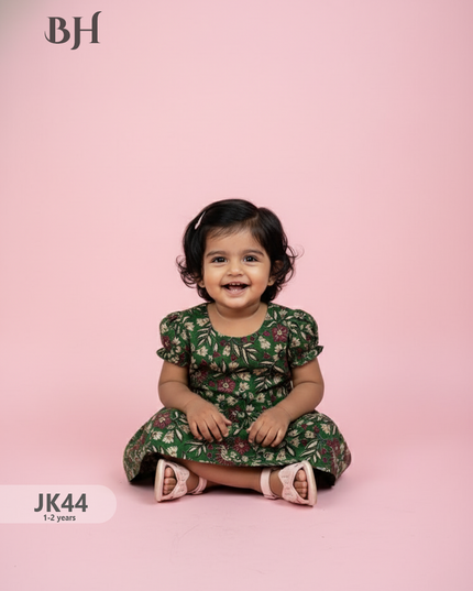 Green Cotton Printed Baby Frocks – Latest Kids Wear Collection | Bhavana Handlooms