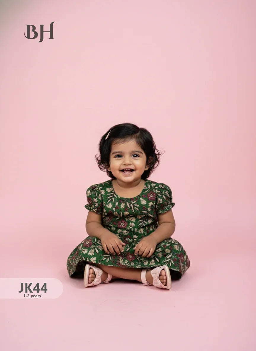 Green Cotton Printed Baby Frocks – Latest Kids Wear Collection | Bhavana Handlooms