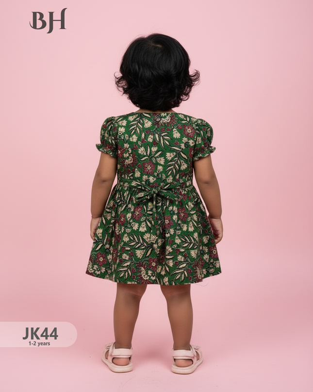 Green Cotton Printed Baby Frocks – Latest Kids Wear Collection | Bhavana Handlooms
