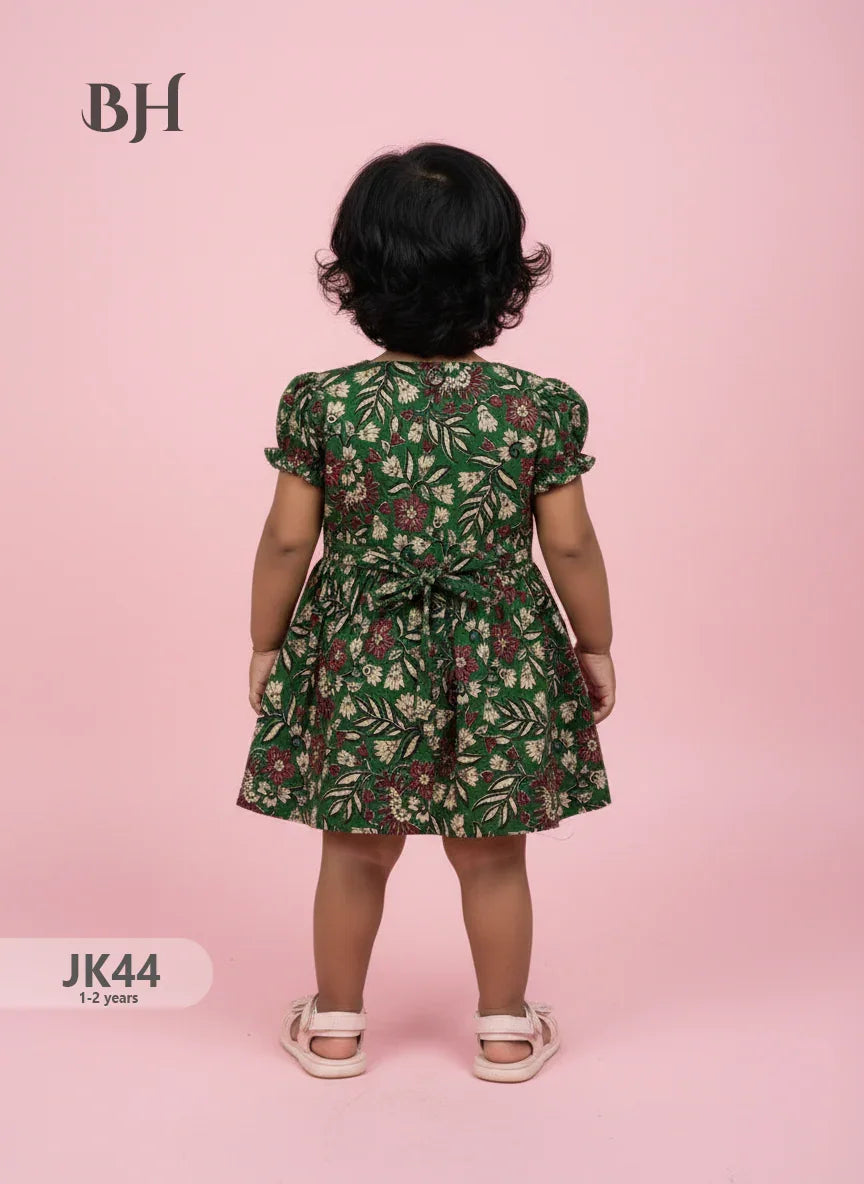 Green Cotton Printed Baby Frocks – Latest Kids Wear Collection | Bhavana Handlooms