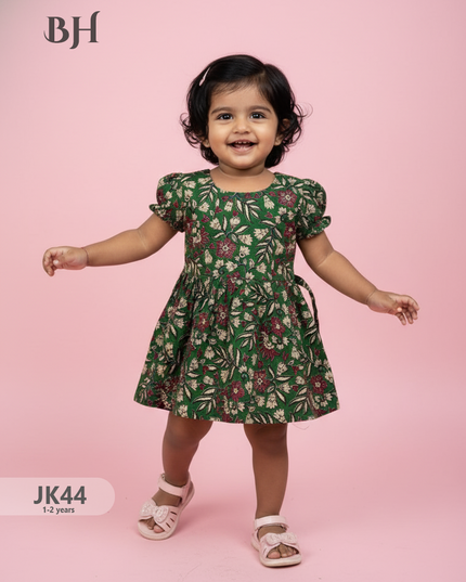 Green Cotton Printed Baby Frocks – Latest Kids Wear Collection | Bhavana Handlooms