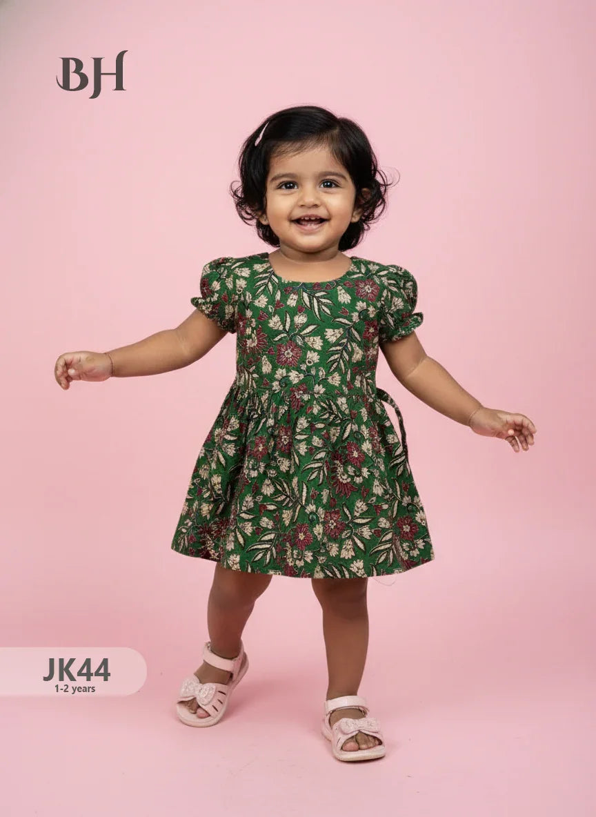 Green Cotton Printed Baby Frocks – Latest Kids Wear Collection | Bhavana Handlooms