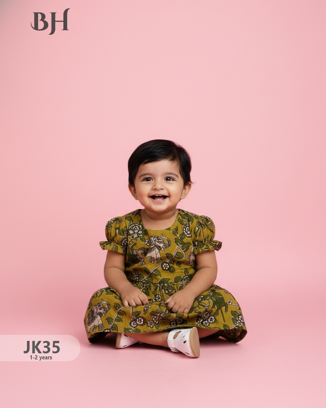 Yellow Cotton Printed Baby Frocks – Latest Kids Wear Collection | Bhavana Handlooms