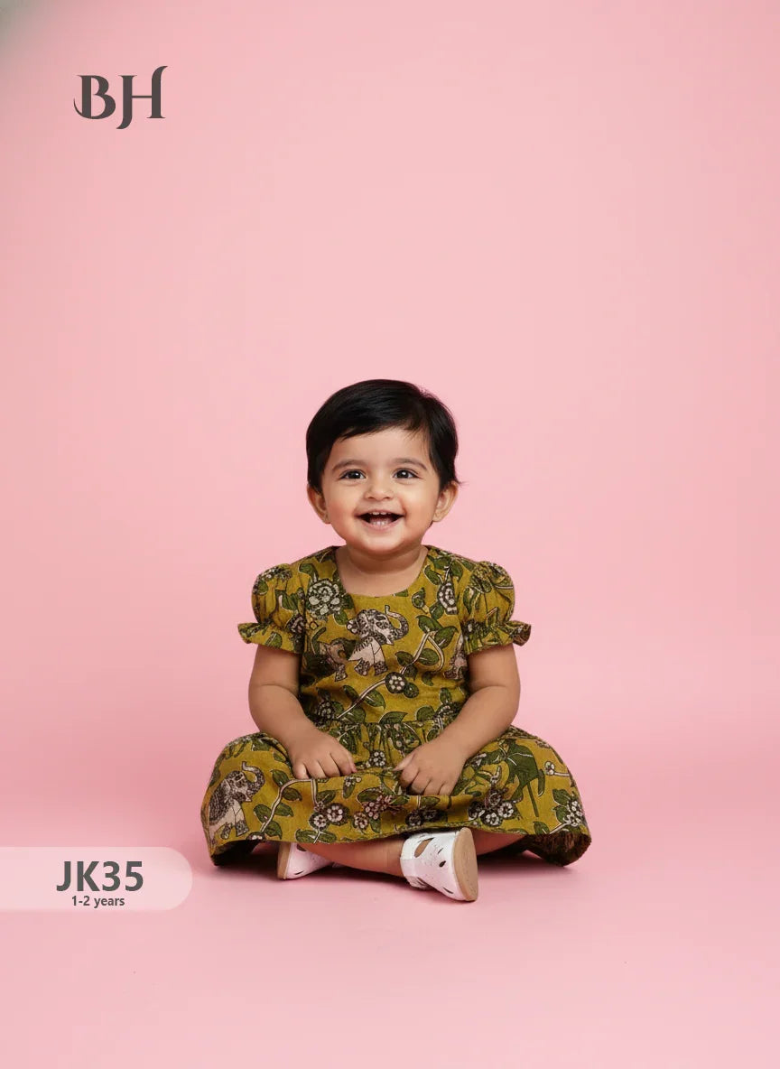Yellow Cotton Printed Baby Frocks – Latest Kids Wear Collection | Bhavana Handlooms