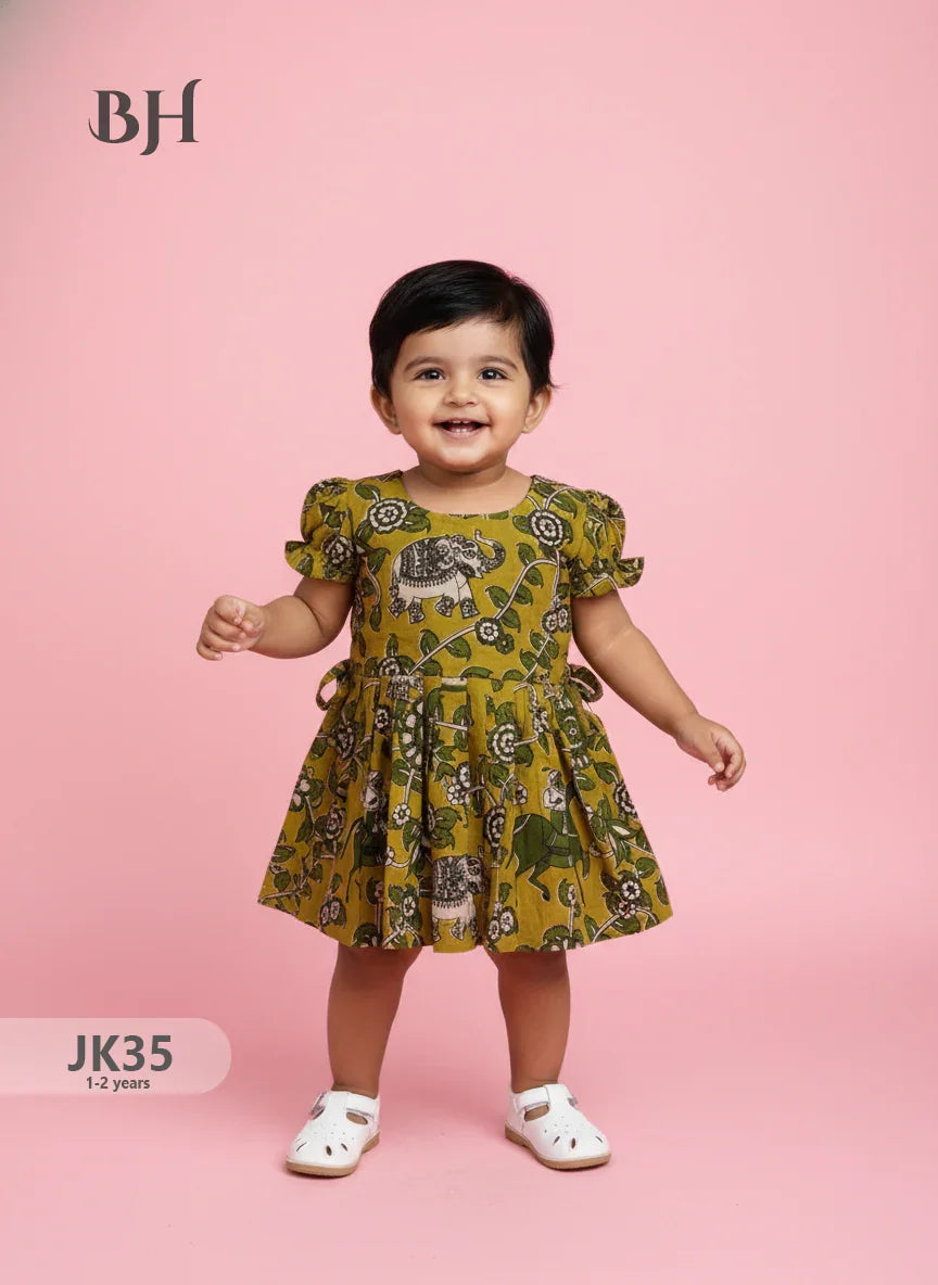 Yellow Cotton Printed Baby Frocks – Latest Kids Wear Collection | Bhavana Handlooms