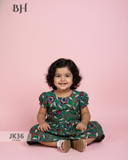 Sea Green Cotton Printed Baby Frocks – Latest Kids Wear Collection | Bhavana Handlooms