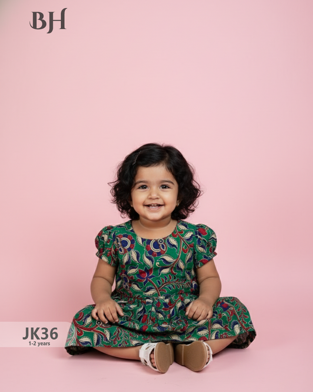 Sea Green Cotton Printed Baby Frocks – Latest Kids Wear Collection | Bhavana Handlooms