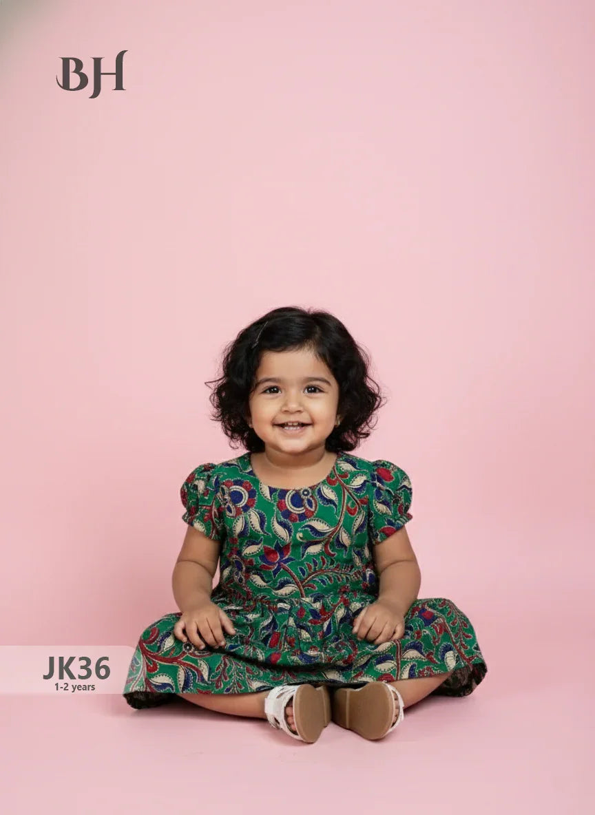 Sea Green Cotton Printed Baby Frocks – Latest Kids Wear Collection | Bhavana Handlooms