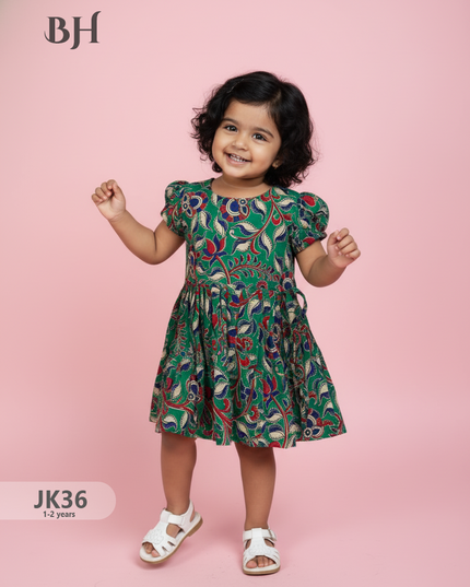 Sea Green Cotton Printed Baby Frocks – Latest Kids Wear Collection | Bhavana Handlooms