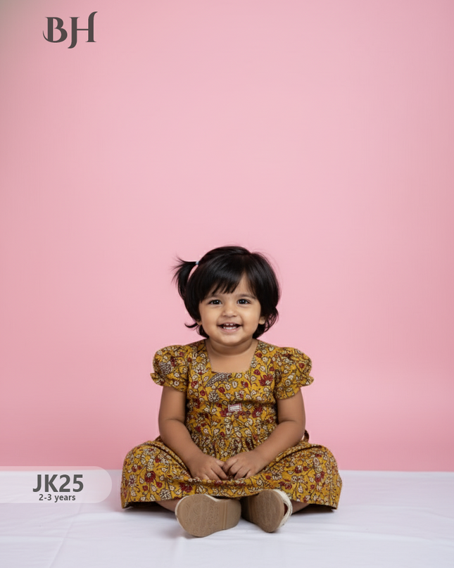 Yellow Cotton Printed Baby Frocks – Latest Kids Wear Collection | Bhavana Handlooms