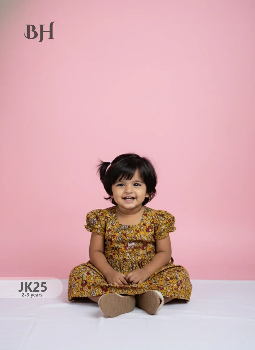 Yellow Cotton Printed Baby Frocks – Latest Kids Wear Collection | Bhavana Handlooms
