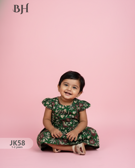 Drak Green Cotton Printed Baby Frocks – Latest Kids Wear Collection | Bhavana Handlooms