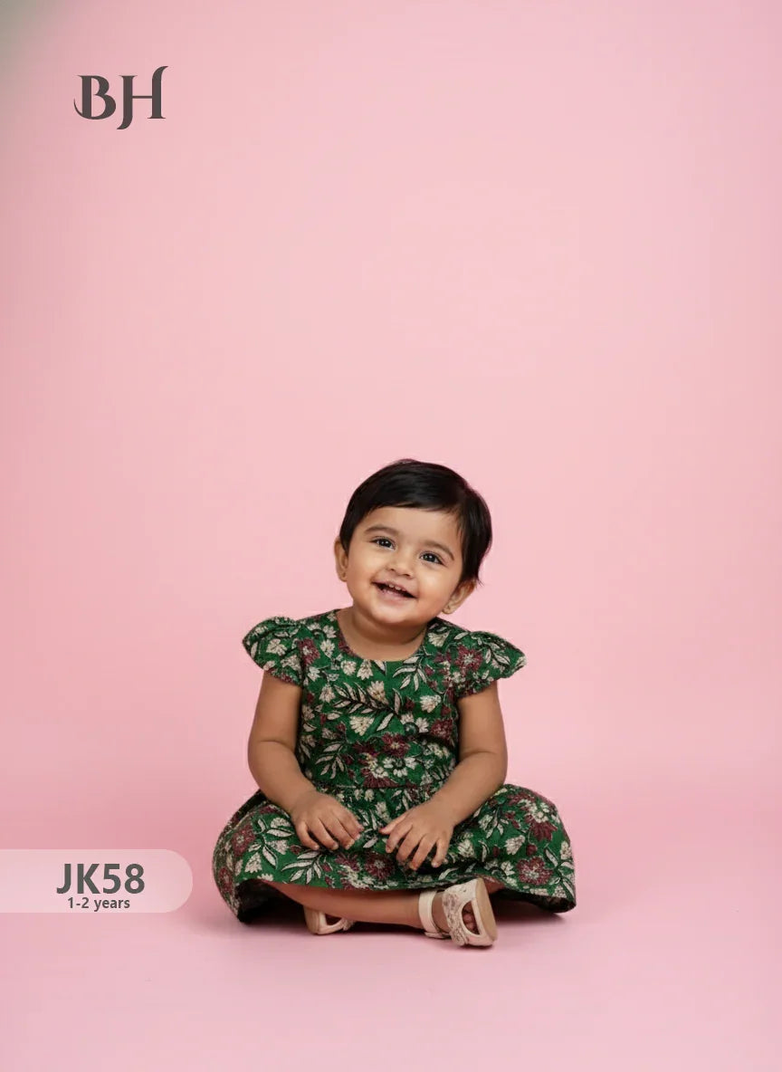 Drak Green Cotton Printed Baby Frocks – Latest Kids Wear Collection | Bhavana Handlooms