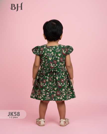 Drak Green Cotton Printed Baby Frocks – Latest Kids Wear Collection | Bhavana Handlooms