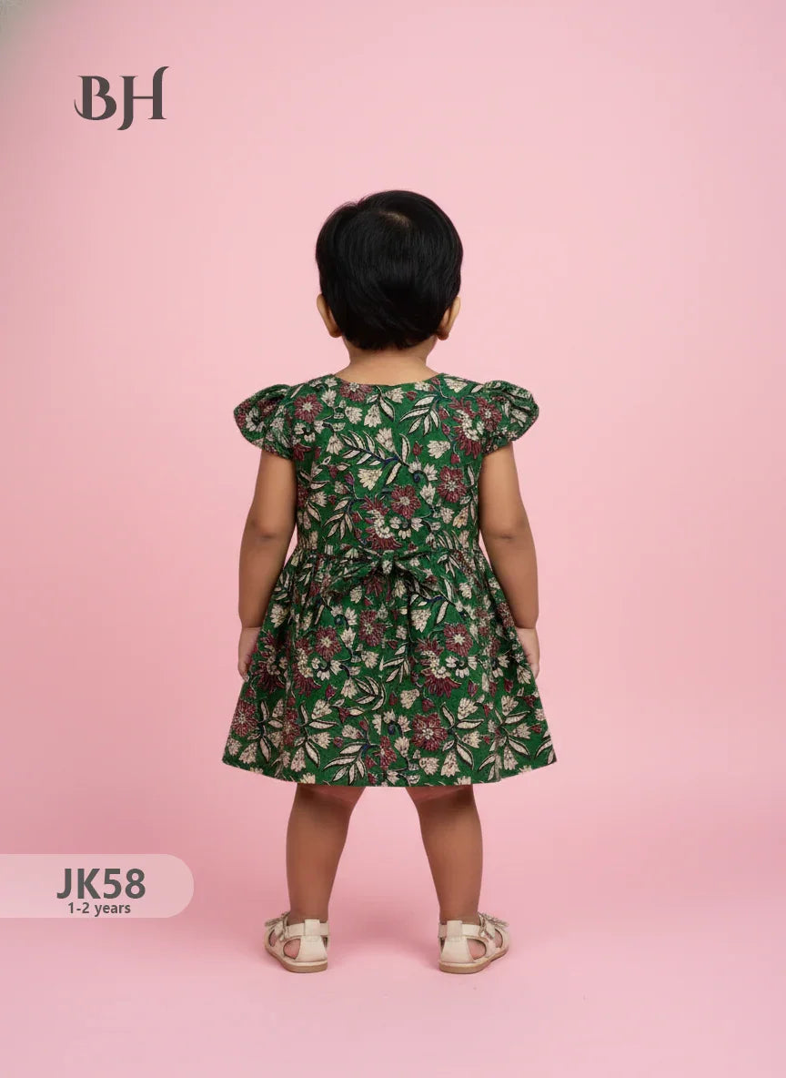 Drak Green Cotton Printed Baby Frocks – Latest Kids Wear Collection | Bhavana Handlooms