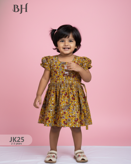 Yellow Cotton Printed Baby Frocks – Latest Kids Wear Collection | Bhavana Handlooms