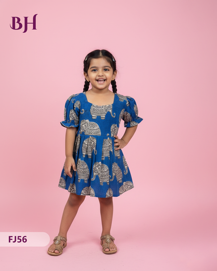 Blue Cotton Printed Baby Frocks – Latest Kids Wear Collection | Bhavana Handlooms