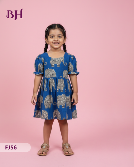 Blue Cotton Printed Baby Frocks – Latest Kids Wear Collection | Bhavana Handlooms