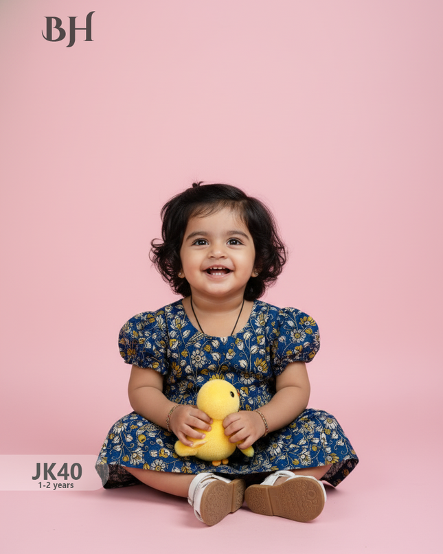 Blue Cotton Printed Baby Frocks – Latest Kids Wear Collection | Bhavana Handlooms
