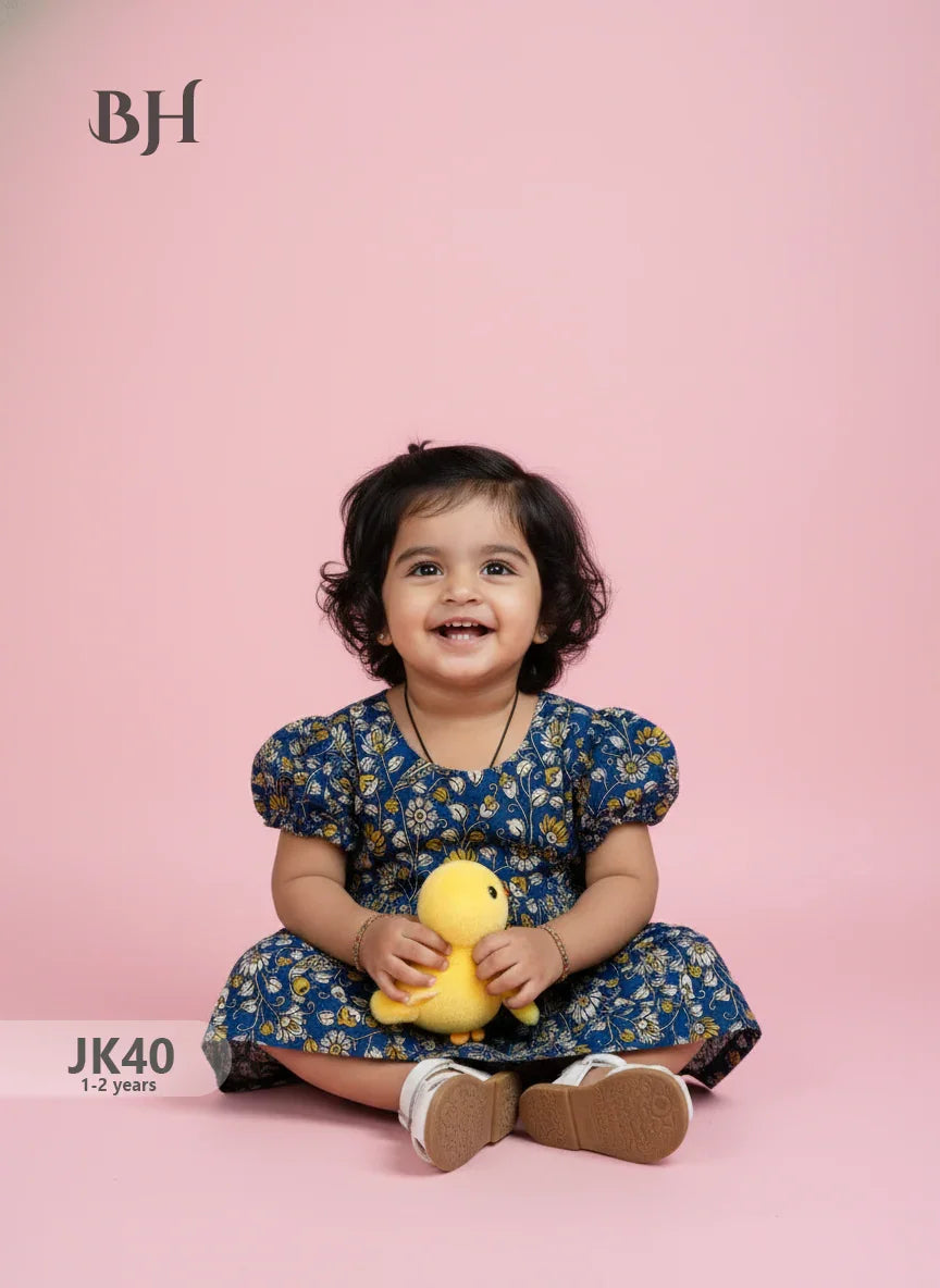 Blue Cotton Printed Baby Frocks – Latest Kids Wear Collection | Bhavana Handlooms