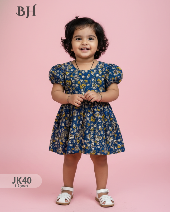 Blue Cotton Printed Baby Frocks – Latest Kids Wear Collection | Bhavana Handlooms