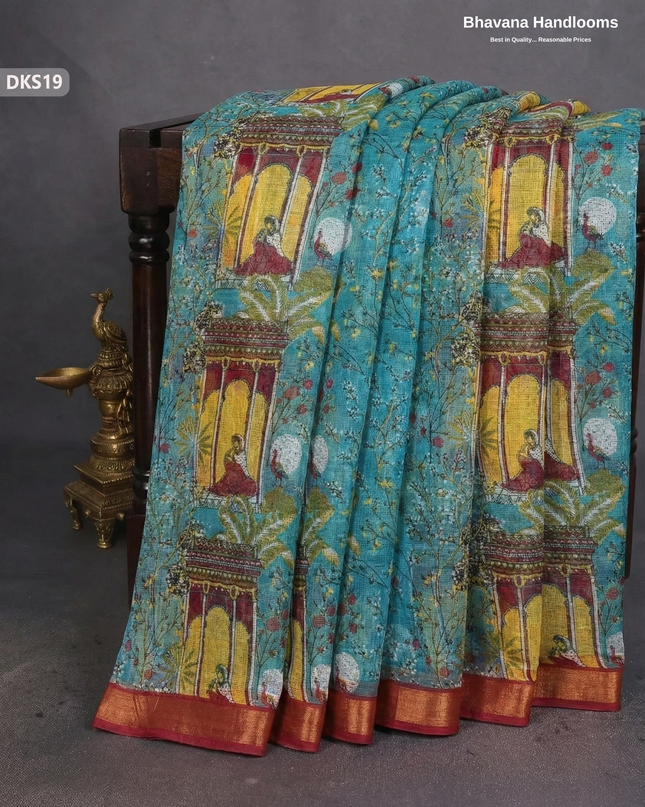 Pure 120 Count Cotton Kota Saree with Digital Print | Sea Blue Printed Saree