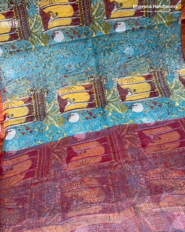 Pure 120 Count Cotton Kota Saree with Digital Print | Sea Blue Printed Saree