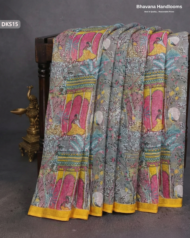 Pure 120 Count Cotton Kota Saree with Digital Print | Gray Printed Saree