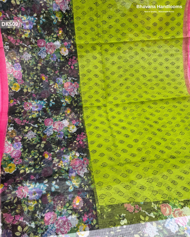 Pure 120 Count Cotton Kota Saree with Digital Print | Parrot Green Printed Saree