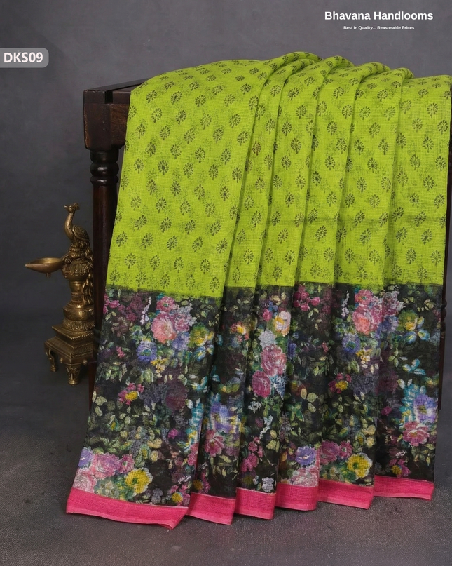 Pure 120 Count Cotton Kota Saree with Digital Print | Parrot Green Printed Saree