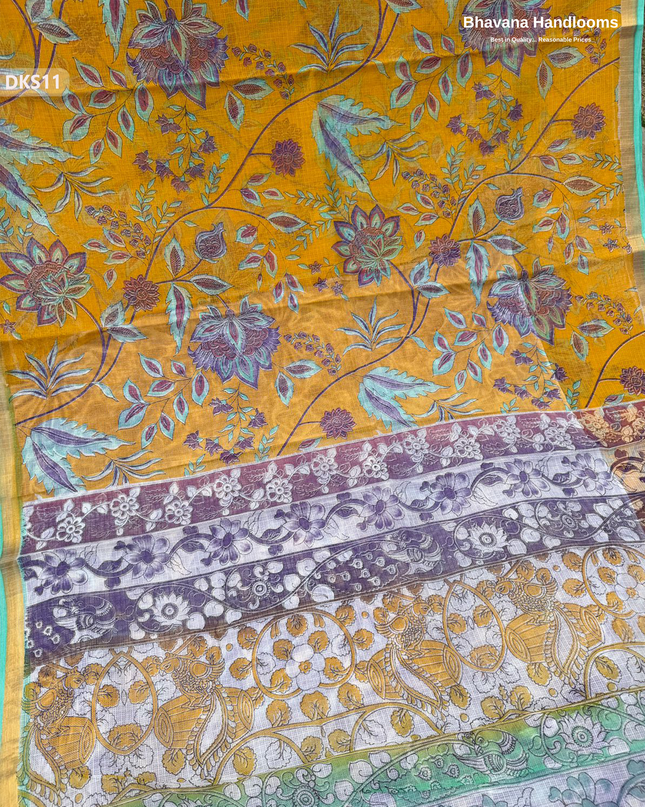 Pure 120 Count Cotton Kota Saree with Digital Print | Yellow Printed Saree