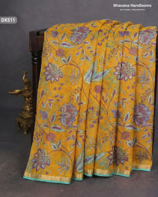 Pure 120 Count Cotton Kota Saree with Digital Print | Yellow Printed Saree