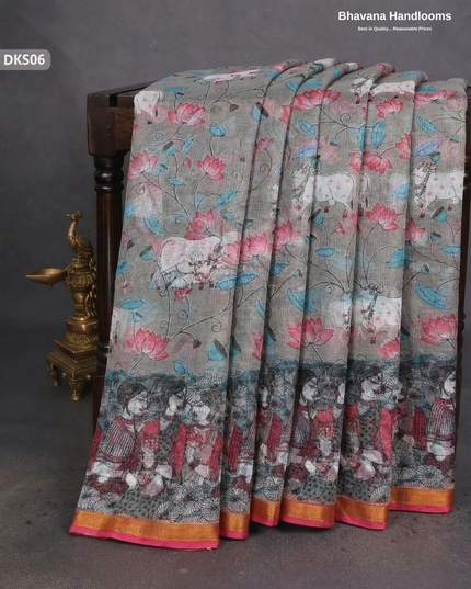 Pure 120 Count Cotton Kota Saree with Digital Print | Gray Printed Saree