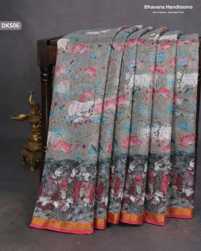 Pure 120 Count Cotton Kota Saree with Digital Print | Gray Printed Saree