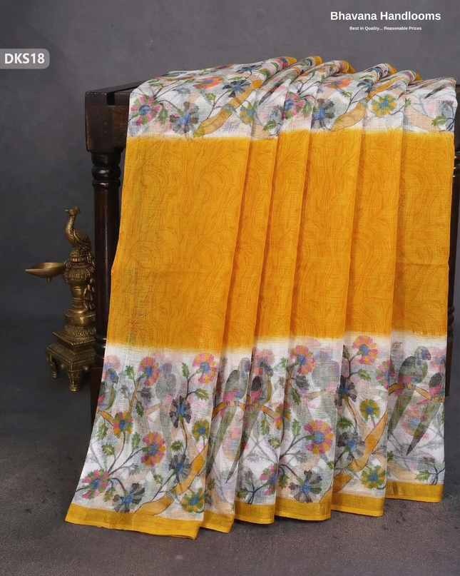 Pure 120 Count Cotton Kota Saree with Digital Print | Yellow Printed Saree