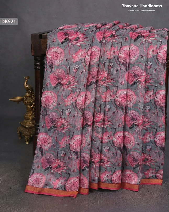 Pure 120 Count Cotton Kota Saree with Digital Print | Gray & Pink Printed Saree