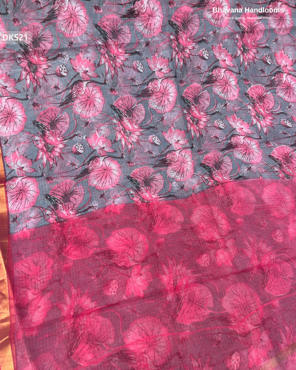 Pure 120 Count Cotton Kota Saree with Digital Print | Gray & Pink Printed Saree