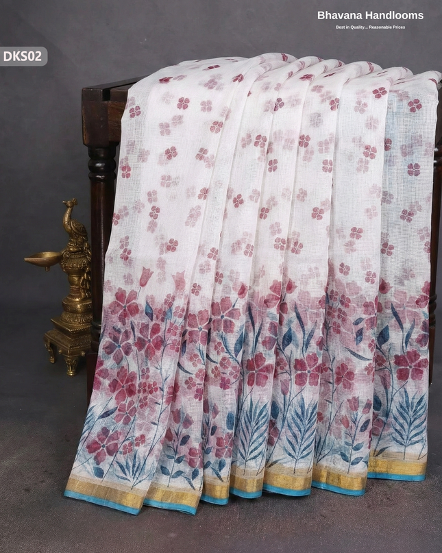 Pure 120 Count Cotton Kota Saree with Digital Print | White Printed Saree