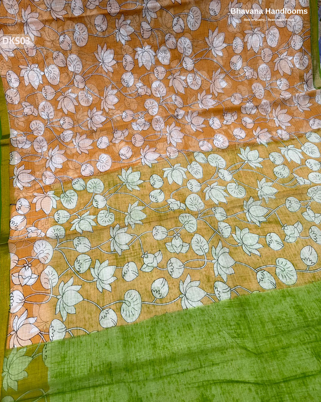 Pure 120 Count Cotton Kota Saree with Digital Print | Light Orange Printed Saree