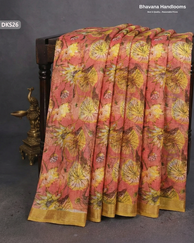Pure 120 Count Cotton Kota Saree with Digital Print | Light Peach Printed Saree