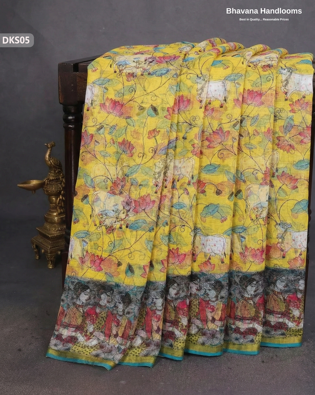 Pure 120 Count Cotton Kota Saree with Digital Print | Yellow Printed Saree