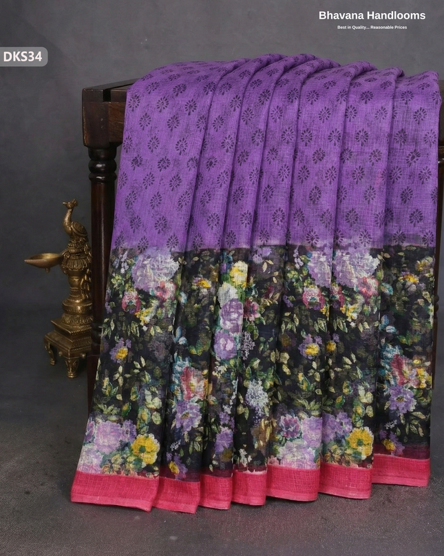 Pure 120 Count Cotton Kota Saree with Digital Print | Light Violet  Printed Saree
